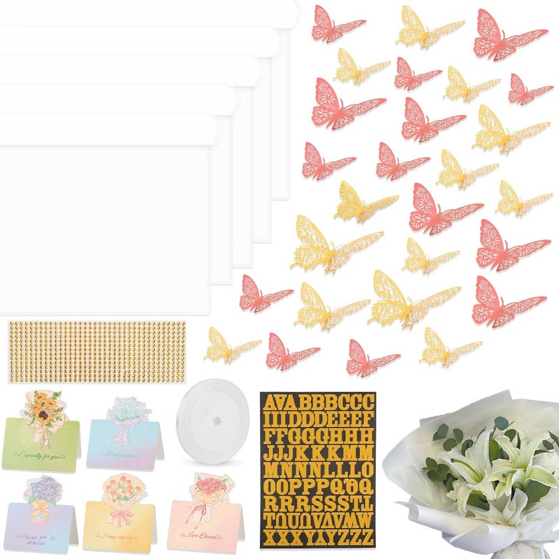 Besuper 52Pcs Flower Bouquet Wrapping Paper Accessories Kit, 20 Sheets White Waterproof Floral Wrapping Paper, 12 Gold 12 Pink Butterflies, 5 Cards, 1 White Ribbon, 1 Letter 1 Rhinestone Sticker (White Edge) - Image 1